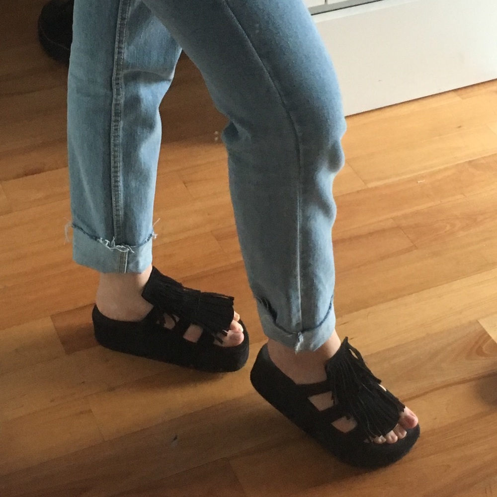 Real suede fringe platform slides